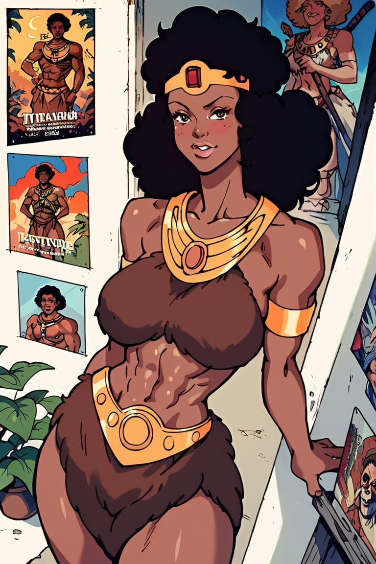 portrait torso, masterpiece, best quality, highly detailed, score_9, score_8_up, score_7_up, score_6_up, source_anime, poster art, DianaXLDnD, 1girl, BREAK,Dark skin,Tiara, tribal, from above, brown clothes, athletic, curvy hair, afro,