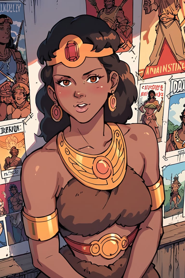 portrait torso, masterpiece, best quality, highly detailed, score_9, score_8_up, score_7_up, score_6_up, source_anime, poster art, DianaXLDnD, 1girl, BREAK,Dark skin,Tiara, tribal, from above, brown clothes