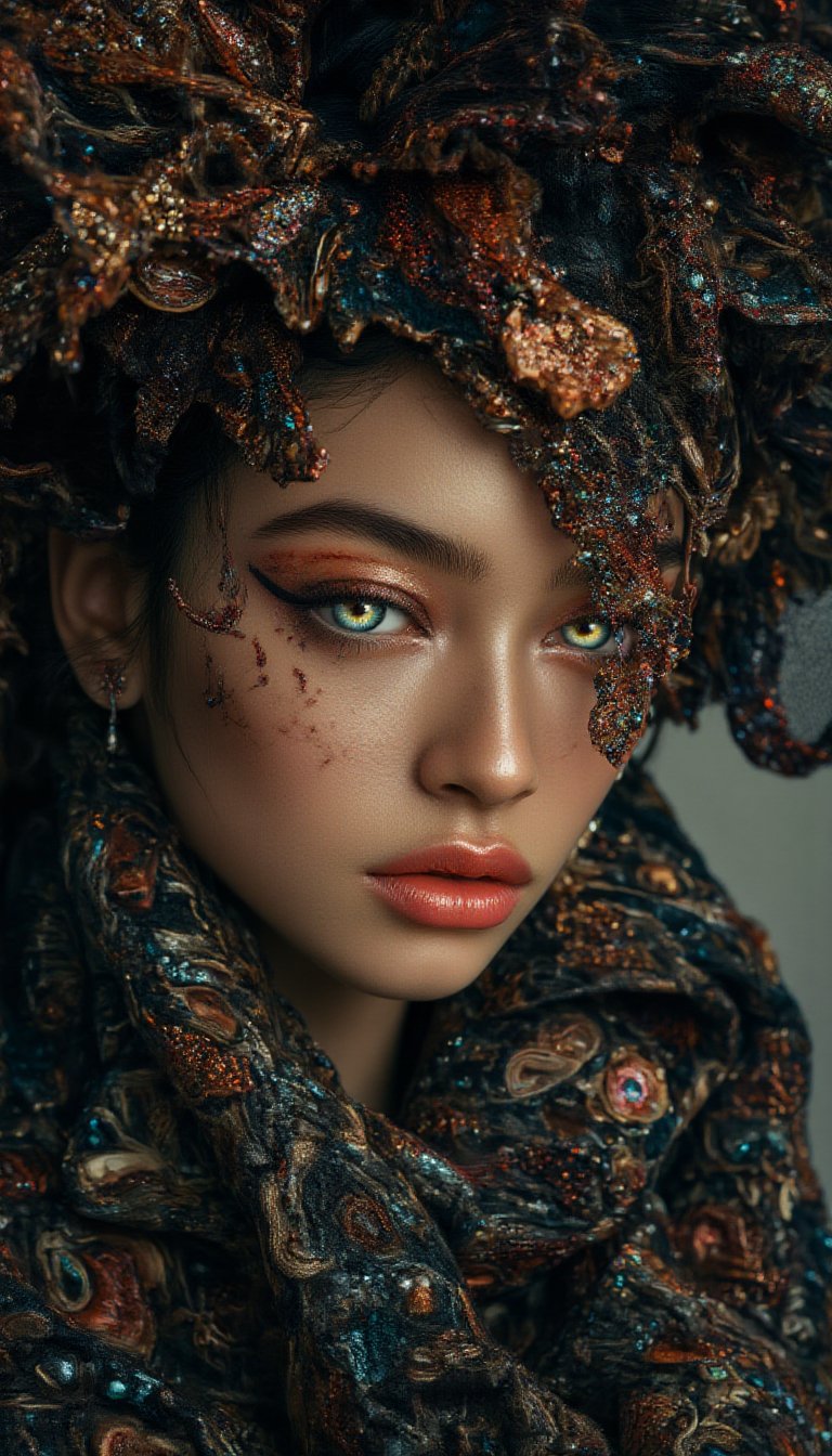 A hyper-realistic portrait of a stunning supermodel, featuring a beautifully detailed face with intricate. The image blends futuristic and traditional elements with a neo mode, avant-garde style, characterized by delicate and sleek lines, vibrant colors, and exquisite details. The model’s eyes captivate with complex colored irises, while her unique, crazy hairstyle adds to the surreal and mysterious charm. The overall composition is symmetrical and fluid, with an ethereal and timeless aura. The interplay of light and shadow enhances the high-fashion aesthetic, capturing the essence of cyberpunk and folklore in a visually striking and artistic statement,  Midjourney_Whisper, 