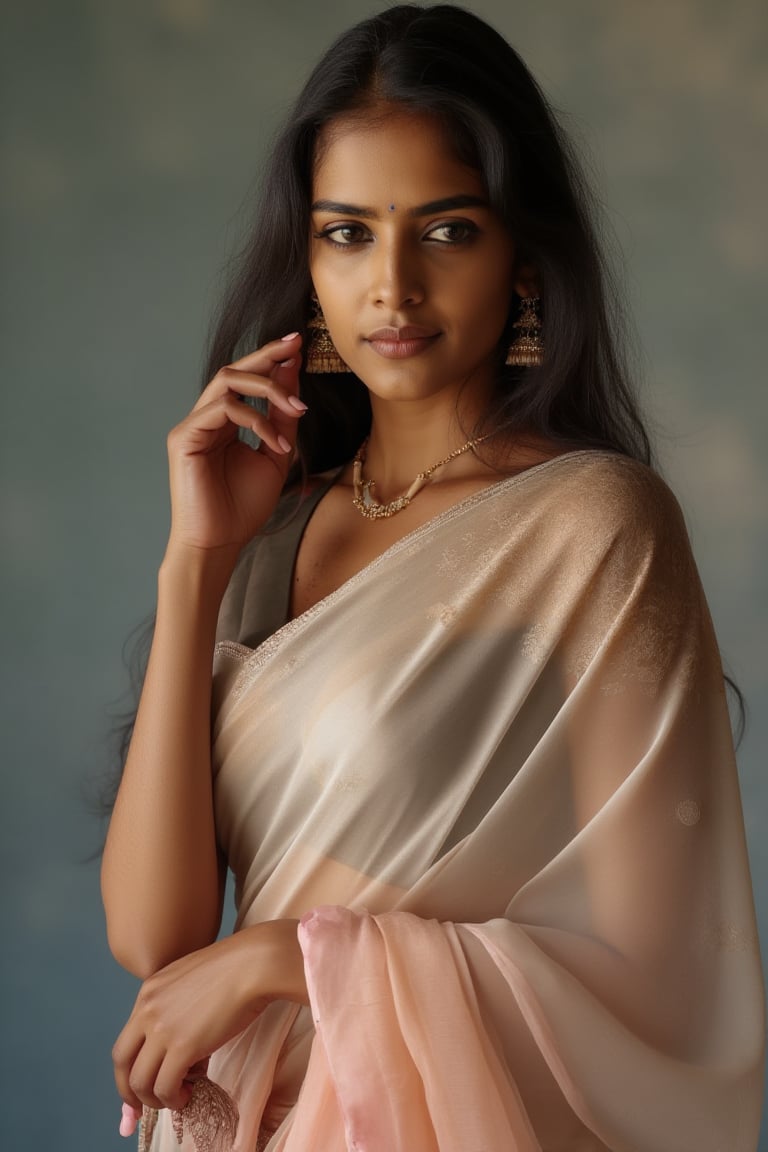 A Kerala girl stands confidently in a studio for a professional model photoshoot, her attire a striking fusion of traditional and modern. She wears a transparent silk saree, delicately draped around her body, blending traditional elegance with a modern, sensual touch. The saree’s light, transparent fabric flows naturally, catching the soft studio lighting and subtly revealing her figure beneath. Her blouse is modern and fitted, adding an edge of contemporary fashion to the traditional saree.

Her white skin glows under the soft lighting, which highlights her flawless complexion and the gentle texture of the saree. Her facial expression is poised and confident, with a slight, alluring smile, adding a touch of mystery. Her features are perfectly symmetrical, from her high cheekbones to her softly curved lips, ensuring a visually balanced portrait that draws the viewer in.

The background is kept simple and slightly blurred, allowing the focus to remain on her and her stunning attire. The combination of modern silk fabric with the transparent saree gives a sleek, sensual effect without overpowering the traditional essence of the look.,Girl25yo