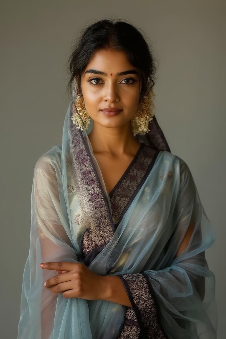 A Kerala girl stands confidently in a studio for a professional model photoshoot, her attire a striking fusion of traditional and modern. She wears a transparent silk saree, delicately draped around her body, blending traditional elegance with a modern, sensual touch. The saree’s light, transparent fabric flows naturally, catching the soft studio lighting and subtly revealing her figure beneath. Her blouse is modern and fitted, adding an edge of contemporary fashion to the traditional saree.

Her white skin glows under the soft lighting, which highlights her flawless complexion and the gentle texture of the saree. Her facial expression is poised and confident, with a slight, alluring smile, adding a touch of mystery. Her features are perfectly symmetrical, from her high cheekbones to her softly curved lips, ensuring a visually balanced portrait that draws the viewer in.

This breathtaking photograph, shot on a Canon 1DX with a 50 mm f/2.8 lens, beautifully showcases the raw and authentic beauty of life. high resolution 8k image quality,