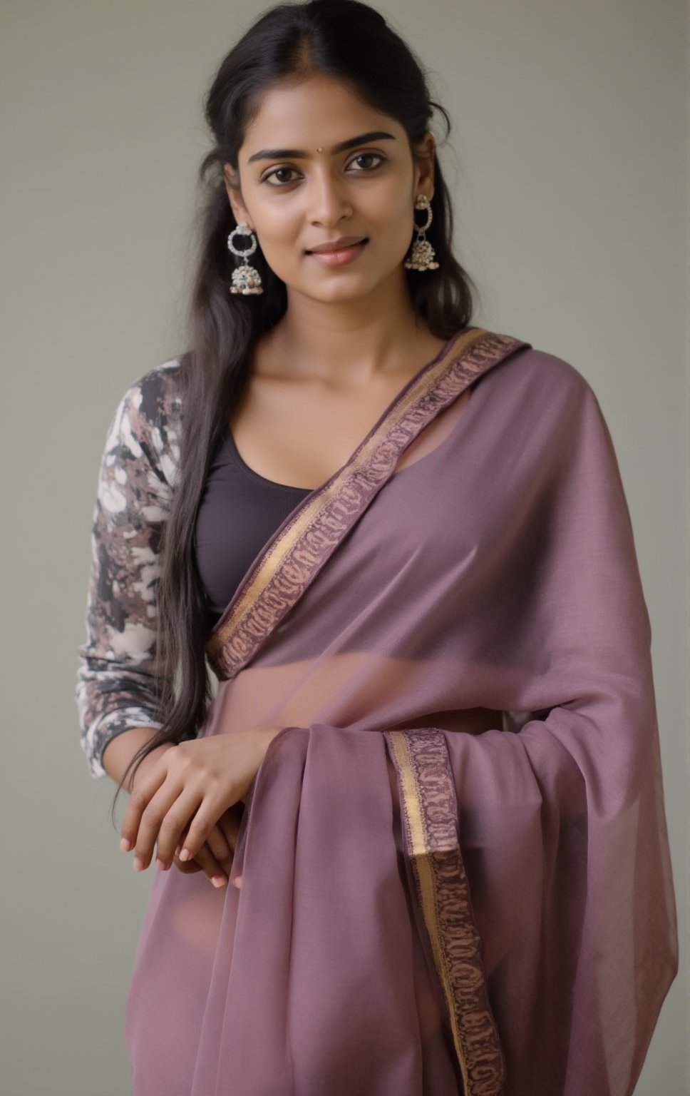 A Kerala girl stands confidently in a studio for a professional model photoshoot, her attire a striking fusion of traditional and modern. She wears a transparent silk saree, delicately draped around her body, blending traditional elegance with a modern, sensual touch. The saree’s light, transparent fabric flows naturally, catching the soft studio lighting and subtly revealing her figure beneath. Her blouse is modern and fitted, adding an edge of contemporary fashion to the traditional saree.

Her white skin glows under the soft lighting, which highlights her flawless complexion and the gentle texture of the saree. Her facial expression is poised and confident, with a slight, alluring smile, adding a touch of mystery. Her features are perfectly symmetrical, from her high cheekbones to her softly curved lips, ensuring a visually balanced portrait that draws the viewer in.

The background is kept simple and slightly blurred, allowing the focus to remain on her and her stunning attire. The combination of modern silk fabric with the transparent saree gives a sleek, sensual effect without overpowering the traditional essence of the look.,Girl25yo