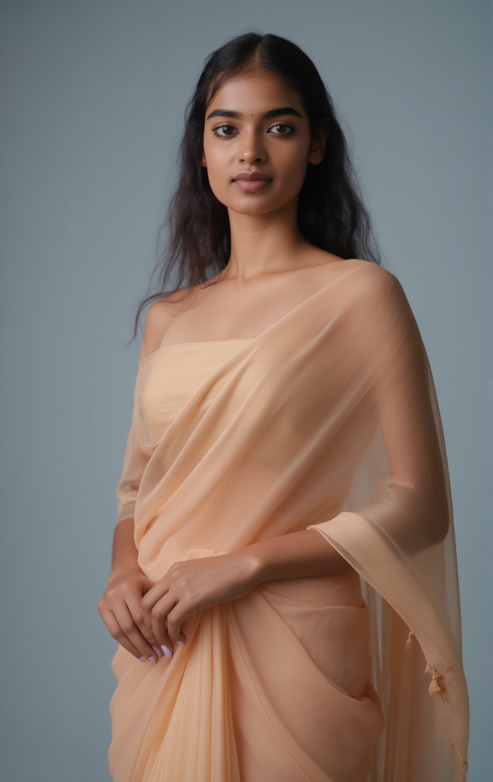 A Kerala girl stands confidently in a studio for a professional model photoshoot, her attire a striking fusion of traditional and modern. She wears a transparent silk saree, delicately draped around her body, blending traditional elegance with a modern, sensual touch. The saree’s light, transparent fabric flows naturally, catching the soft studio lighting and subtly revealing her figure beneath. Her blouse is modern and fitted, adding an edge of contemporary fashion to the traditional saree.

Her white skin glows under the soft lighting, which highlights her flawless complexion and the gentle texture of the saree. Her facial expression is poised and confident, with a slight, alluring smile, adding a touch of mystery. Her features are perfectly symmetrical, from her high cheekbones to her softly curved lips, ensuring a visually balanced portrait that draws the viewer in.

The background is kept simple and slightly blurred, allowing the focus to remain on her and her stunning attire. The combination of modern silk fabric with the transparent saree gives a sleek, sensual effect without overpowering the traditional essence of the look.,Girl25yo