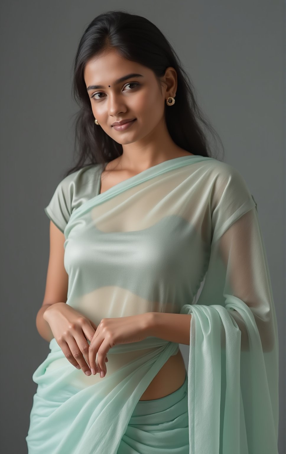 A Kerala girl stands confidently in a studio for a professional model photoshoot, her attire a striking fusion of traditional and modern. She wears a transparent silk saree, delicately draped around her body, blending traditional elegance with a modern, sensual touch. The saree’s light, transparent fabric flows naturally, catching the soft studio lighting and subtly revealing her figure beneath. Her blouse is modern and fitted, adding an edge of contemporary fashion to the traditional saree.

Her white skin glows under the soft lighting, which highlights her flawless complexion and the gentle texture of the saree. Her facial expression is poised and confident, with a slight, alluring smile, adding a touch of mystery. Her features are perfectly symmetrical, from her high cheekbones to her softly curved lips, ensuring a visually balanced portrait that draws the viewer in.

The background is kept simple and slightly blurred, allowing the focus to remain on her and her stunning attire. The combination of modern silk fabric with the transparent saree gives a sleek, sensual effect without overpowering the traditional essence of the look.,Girl25yo