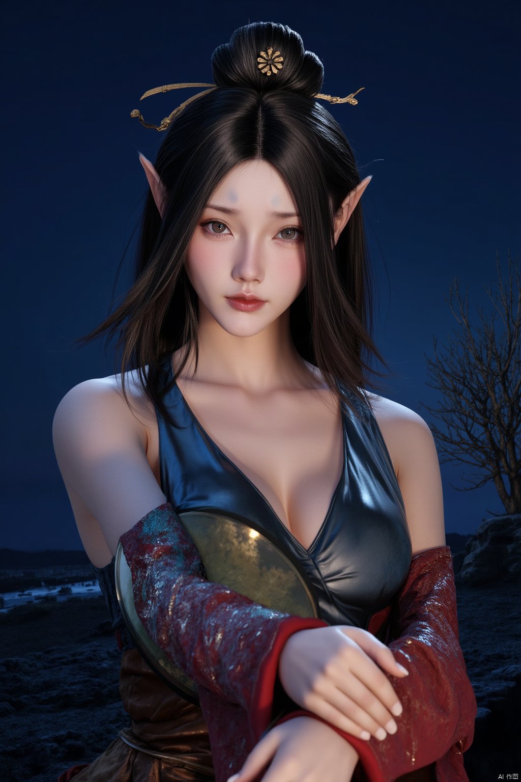 A stunning photorealistic image of Pingping_hubggirl, posing seductively in a cityscape at night. She's dressed in a beautiful blue Chinese dress with a messy hairdo and a hair bun adorned with an ornament. Her long black locks fall down her back as she leans forward, lip-biting seductively. The studio lighting (1.2) casts deep shadows on her face, which is rendered in breathtaking detail. In the background, a single tree stands tall against the dark blue night sky. The subject's solo pose and dark surroundings create a sense of intimacy, inviting the viewer to take a closer look.