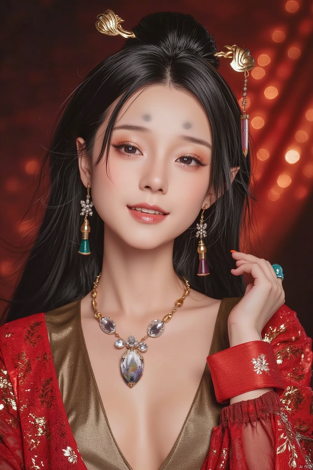 Pingping_hubggirl, Portrait of a 21-year-old hubggirl, solo and direct at the viewer with a warm smile. She wears an ensemble of luxurious gold-trim jewelry, including long earrings and a bow hair ornament. A stunning Agate necklace and Emerald bracelet adorn her neck and wrist, respectively, while Diamonds and Onyx add subtle sparkle. Her eyes are framed by Wangyushan's signature eyeglasses. Set against a backdrop of vibrant colors, the scene is bathed in bright natural light, showcasing every detail with high contrast HDR photography.