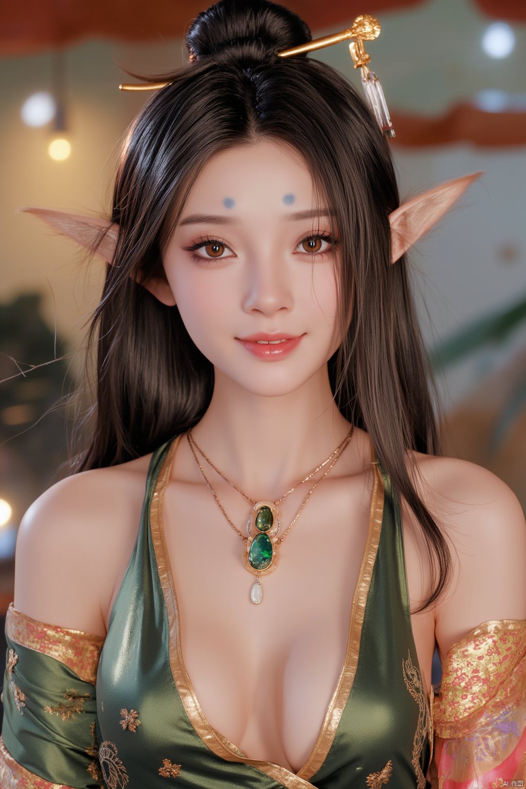 Pingping_hubggirl, Portrait of a 21-year-old hubggirl, solo and direct at the viewer with a warm smile. She wears an ensemble of luxurious gold-trim jewelry, including long earrings and a bow hair ornament. A stunning Agate necklace and Emerald bracelet adorn her neck and wrist, respectively, while Diamonds and Onyx add subtle sparkle. Her eyes are framed by Wangyushan's signature eyeglasses. Set against a backdrop of vibrant colors, the scene is bathed in bright natural light, showcasing every detail with high contrast HDR photography.