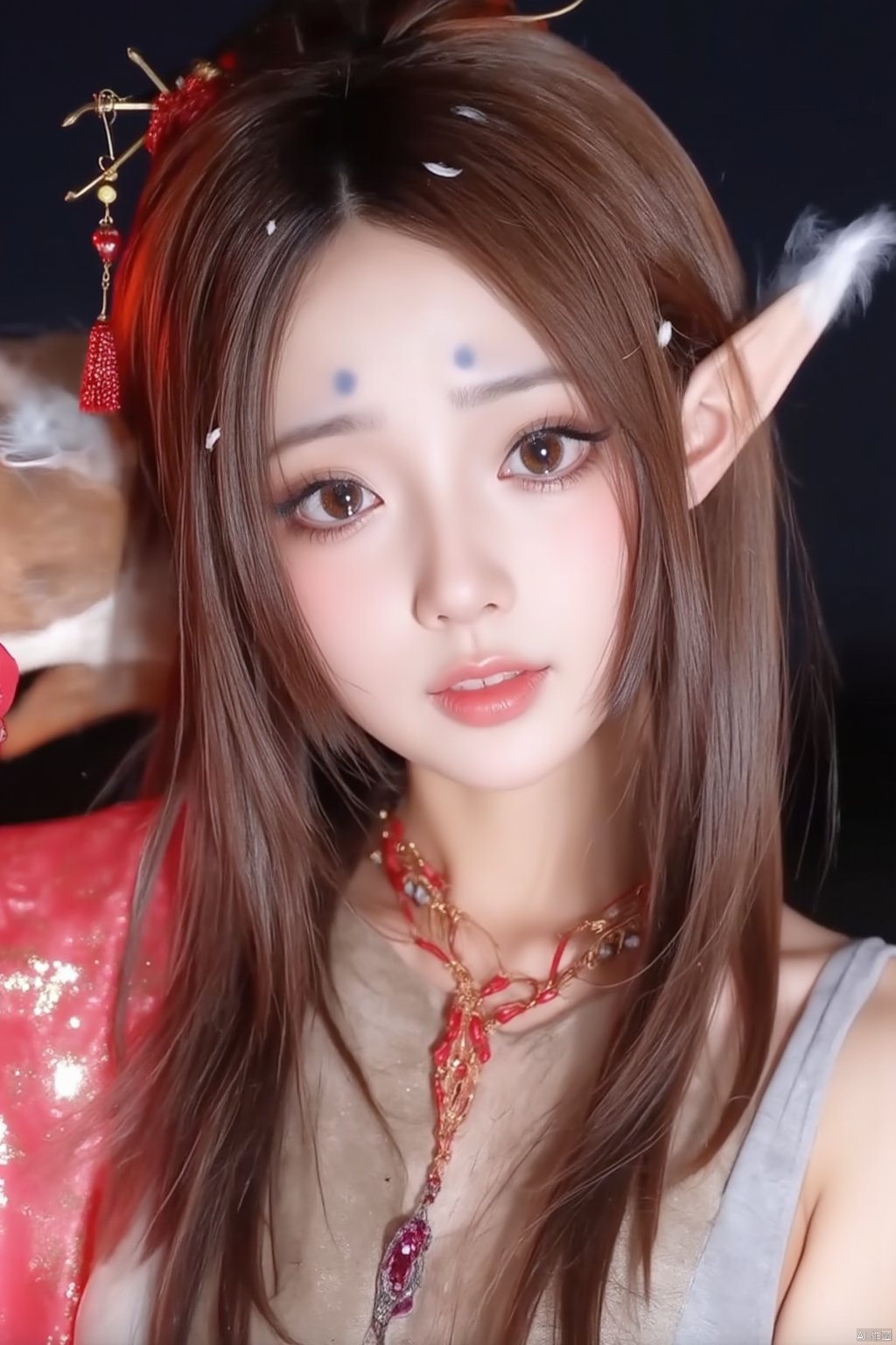 Pingping_hubggirl, a close-up shot of a young Asian woman with long brown hair is adorned with a red tassel hanging from the top of her head. Her eyes are adorned with small white dots, adding a touch of sparkle to her face. Her hair is pulled back in a bun, cascading over her shoulders. She is wearing a red bracelet on her left wrist. Her left hand is draped over her right shoulder, with her left hand resting on her hip. Her right arm is draped across her chest. The background is blurred, creating a stark contrast with the vibrant colors of the scene.