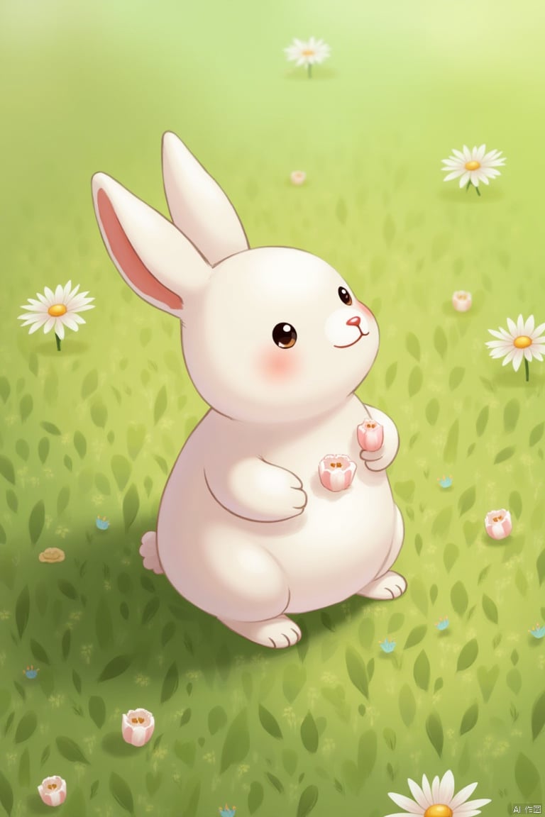 looking at viewer, blush, flower, food, no humans, :3, animal, leaf, rabbit