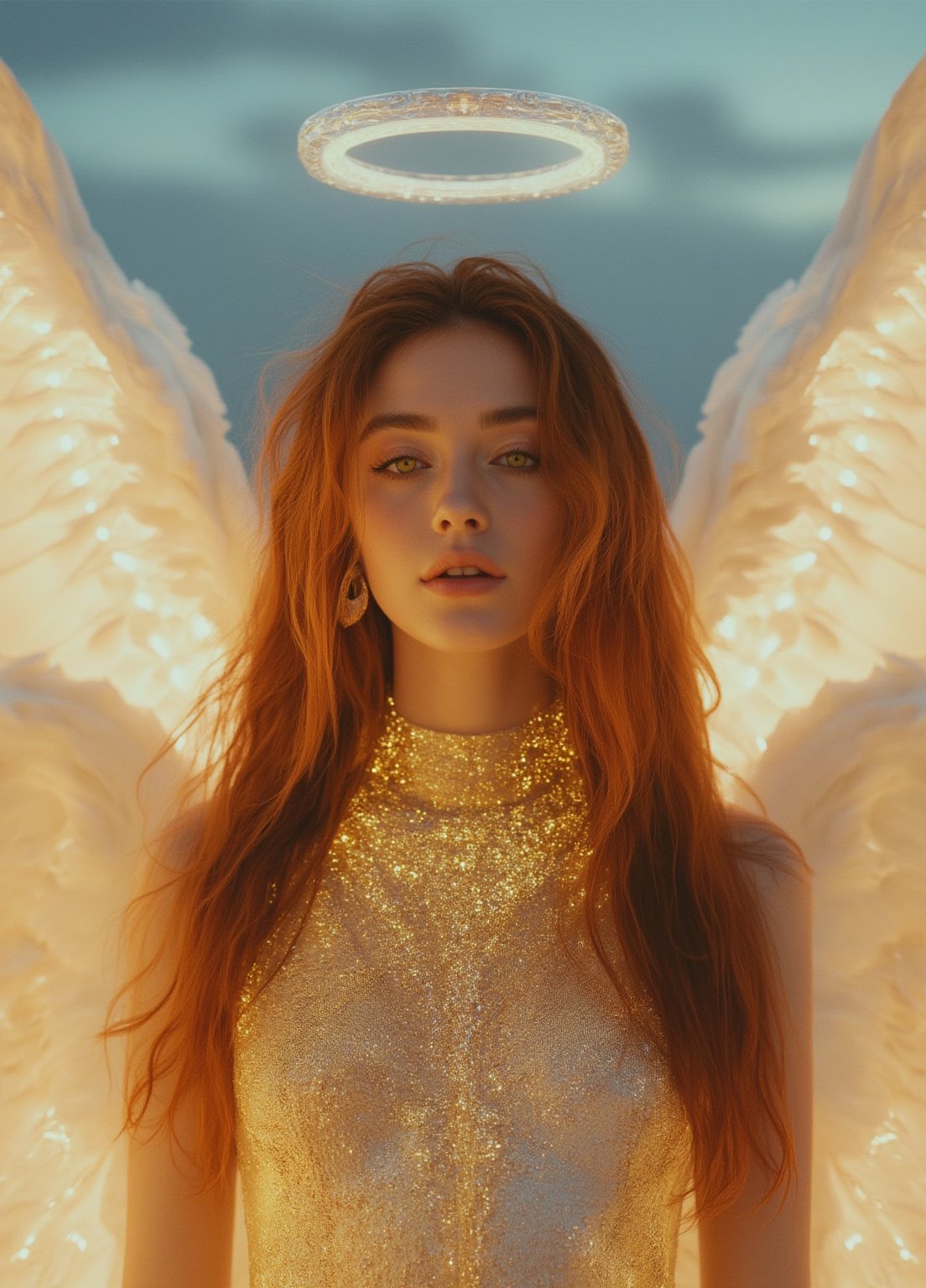 full body shot, young angel woman with yellow detailed eyes and long hair in gold jewelry, big white wings, light painting, futuristic digital, realistic sci-fi, lights, gold detailed dress, gold lashes, diamond, ethereal, misty, holographic, sky with white clouds on background,glitter,Midjourney_Whisper