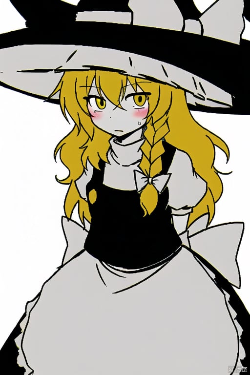 ,simple background,white skin,kirisame marisa,witch hat,waist apron,puffy short sleeves,single braid,hair bow,black skirt,frills,black vest,white shirt,black headwear,solo,looking at viewer,hat bow,blush,1girl,white bow,kirisame_marisa,witch_hat