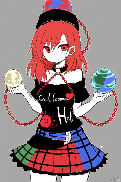 simple background,white skin,1girl,polos crown,red hair,short hair,red eyes,chain,collar,off shoulder shirt,clothes writing,belt,multicolored skirt,plaid skirt,miniskirt,moon (ornament), earth (ornament),hecatia lapislazuli