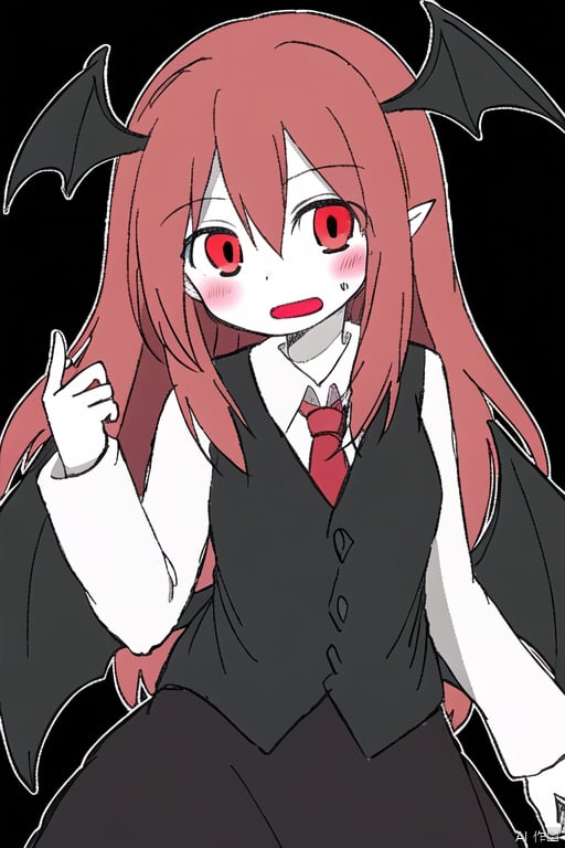 white skin,koakuma,1girl,head wings,bat wings,solo,red necktie,open mouth,black vest,white shirt,looking at viewer,simple background,blush,long sleeves,head_wings,bat_wings