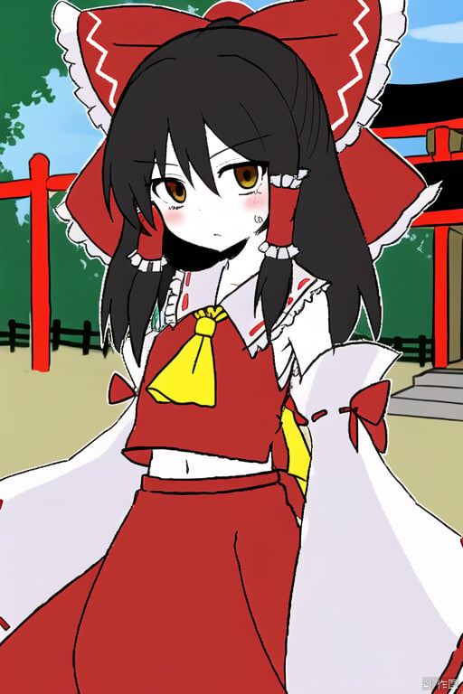 white skin,hakurei reimu,1girl,hair bow,red bow,detached sleeves,solo,hair tubes,looking at viewer,frilled bow,red skirt,sidelocks,wide sleeves,bare shoulders,blush,yellow ascot,ribbon-trimmed sleeves,hakurei_reimu,hair_bow,red_bow,black eyes,sakura,hakurei shrine,shrine