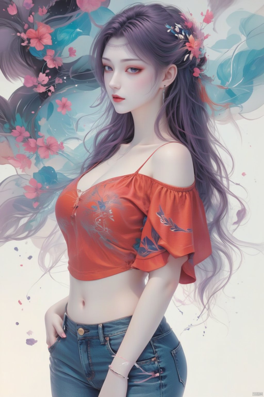  8K image.,云韵Flux-起风了,purple hair,1girl, solo, long hair, breasts, looking at viewer, shirt, black hair, navel, holding, bare shoulders, jewelry, closed mouth, standing, purple eyes, collarbone, purple hair, flower, short sleeves, cowboy shot, earrings, midriff, pants, off shoulder, bracelet, lips, crop top, head tilt, leaf, plant, denim, red shirt, pink flower, jeans, off-shoulder shirt, red lips,fantasy