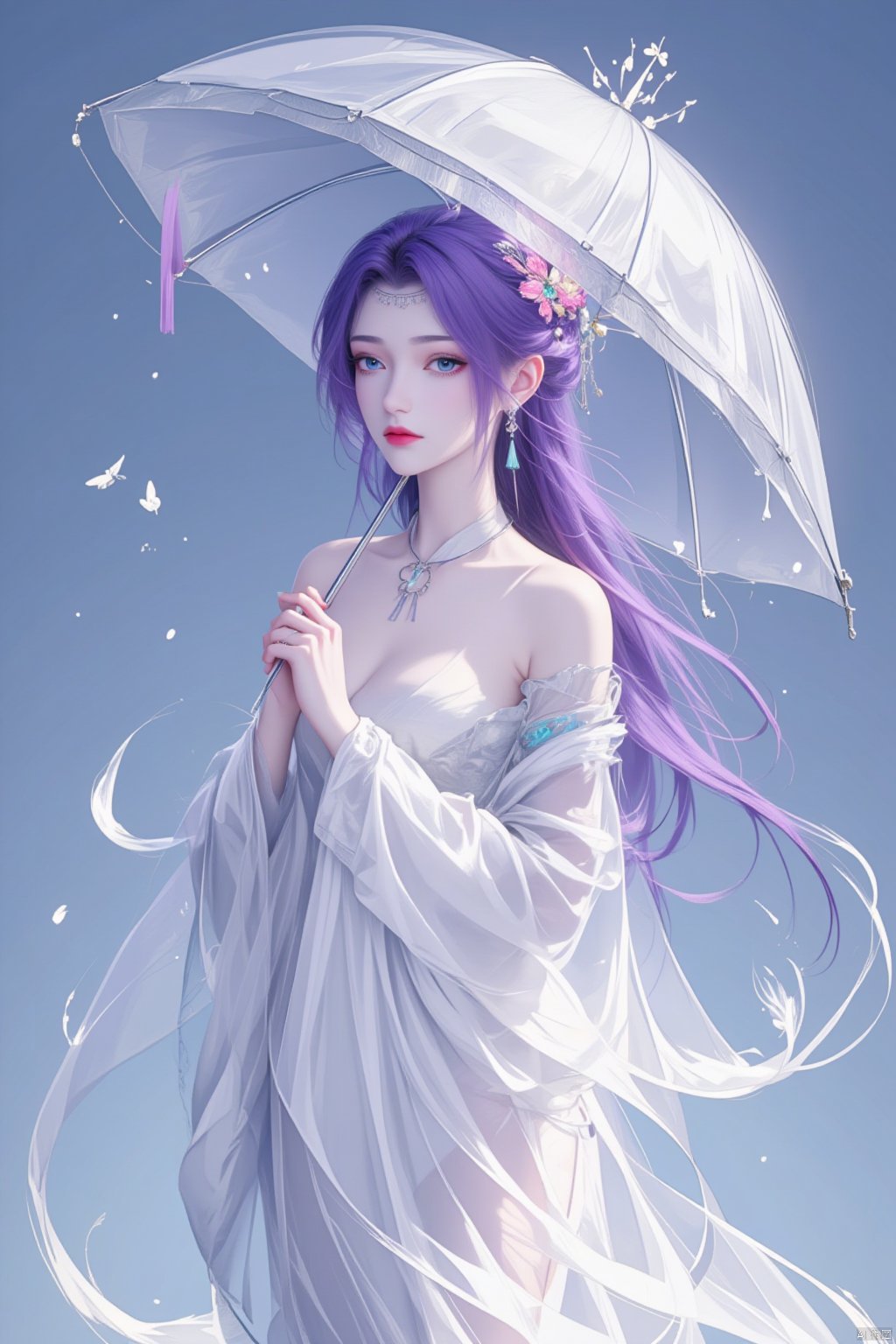  8K image.,云韵Flux-起风了,purple hair1girl, solo, long hair, hair ornament, dress, holding, full body, purple hair, flower, water, white dress, clothing cutout, umbrella,, bug, butterfly, holding umbrella