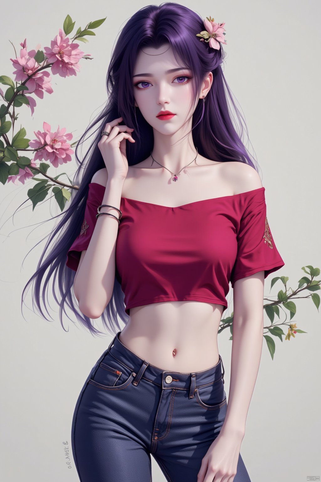  8K image.,云韵Flux-起风了,purple hair,1girl, solo, long hair, breasts, looking at viewer, shirt, black hair, navel, holding, bare shoulders, jewelry, closed mouth, standing, purple eyes, collarbone, purple hair, flower, short sleeves, cowboy shot, earrings, midriff, pants, off shoulder, bracelet, lips, crop top, head tilt, leaf, plant, denim, red shirt, pink flower, jeans, off-shoulder shirt, red lips