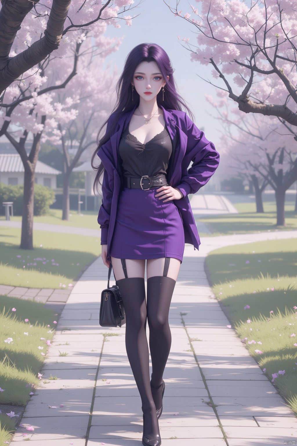  8K image.云曦Flux-起风了,purple hair,1girl, solo, long hair, breasts, looking at viewer, skirt, large breasts, shirt, black hair, thighhighs, cleavage, brown eyes, jewelry, very long hair, standing, jacket, full body, earrings, outdoors, day, black thighhighs, necklace, bag, black footwear, high heels, tree, hand on hip, petals, garter straps, grass, cherry blossoms, pencil skirt, purple skirt, high-waist skirt, handbag, office lady, purple jacket