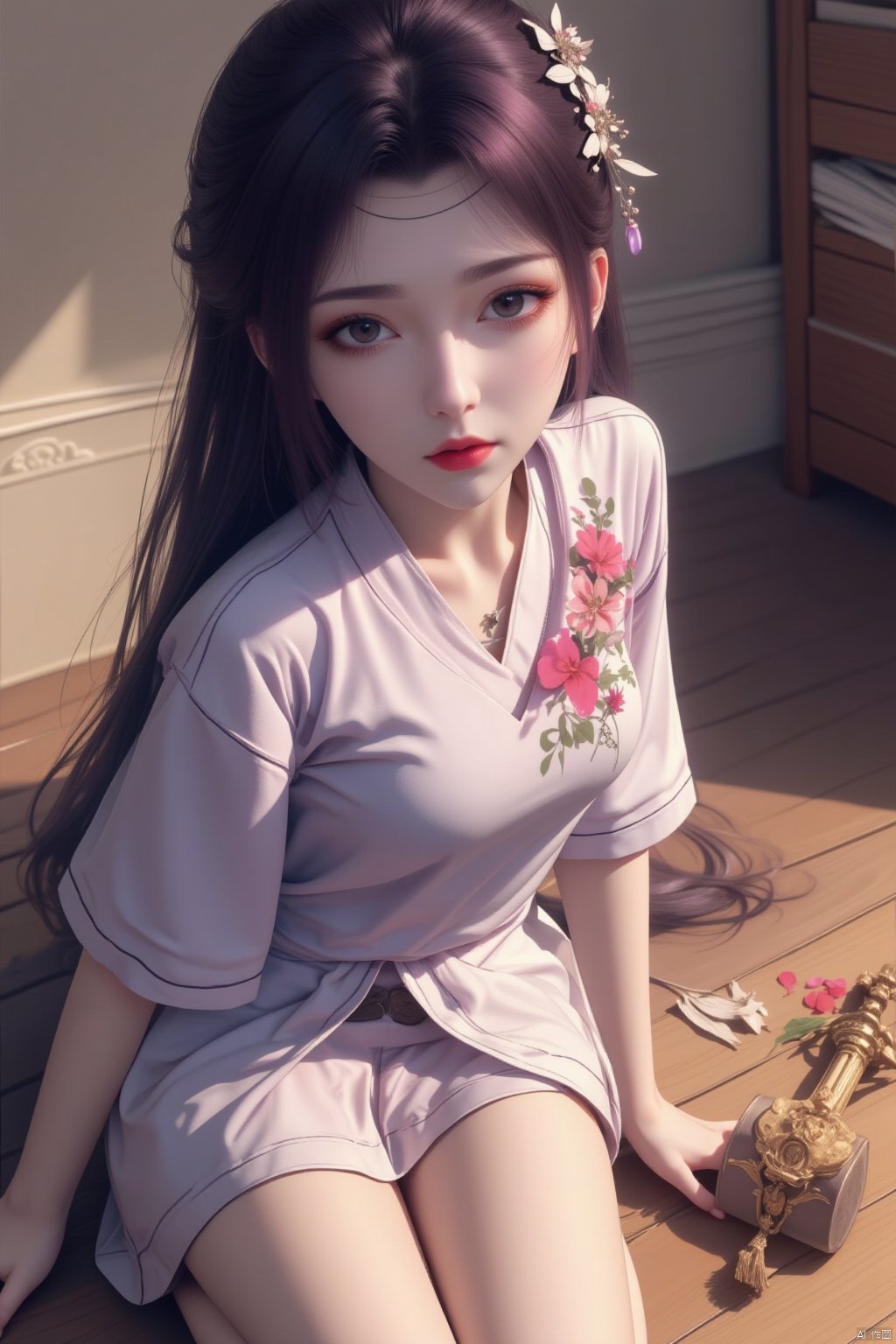  8K image.,云韵Flux-起风了,purple hair,1girl, solo, brown hair, black hair, hair ornament, brown eyes, flower, indoors, lips, kneeling, instrument, wooden floor, realistic