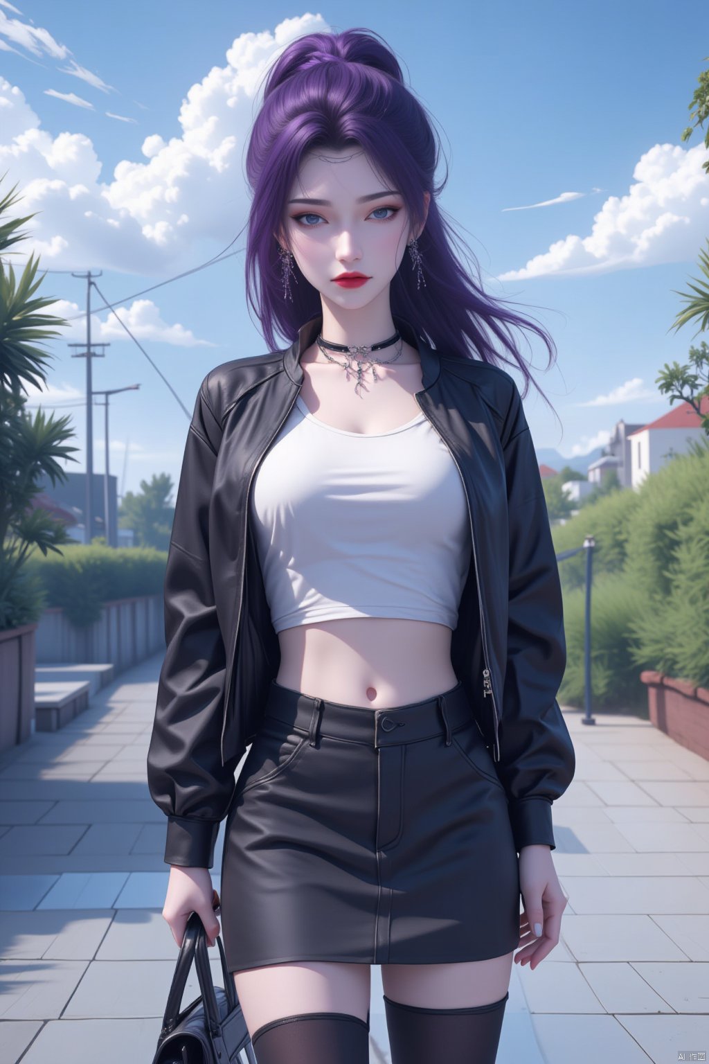  8K image.,purple hair,1girl, solo, long hair, breasts, looking at viewer, blue eyes, skirt, large breasts, thighhighs, long sleeves, navel, holding, cleavage, jewelry, standing, jacket, white shirt, ponytail, purple hair, pantyhose, cowboy shot, earrings, outdoors, parted lips, open clothes, sky, choker, day, midriff, cloud, necklace, bag, open jacket, tree, blue sky, lips, black jacket, crop top, makeup, lipstick, cropped jacket, handbag, red lips, holding bag, leather, leather jacket