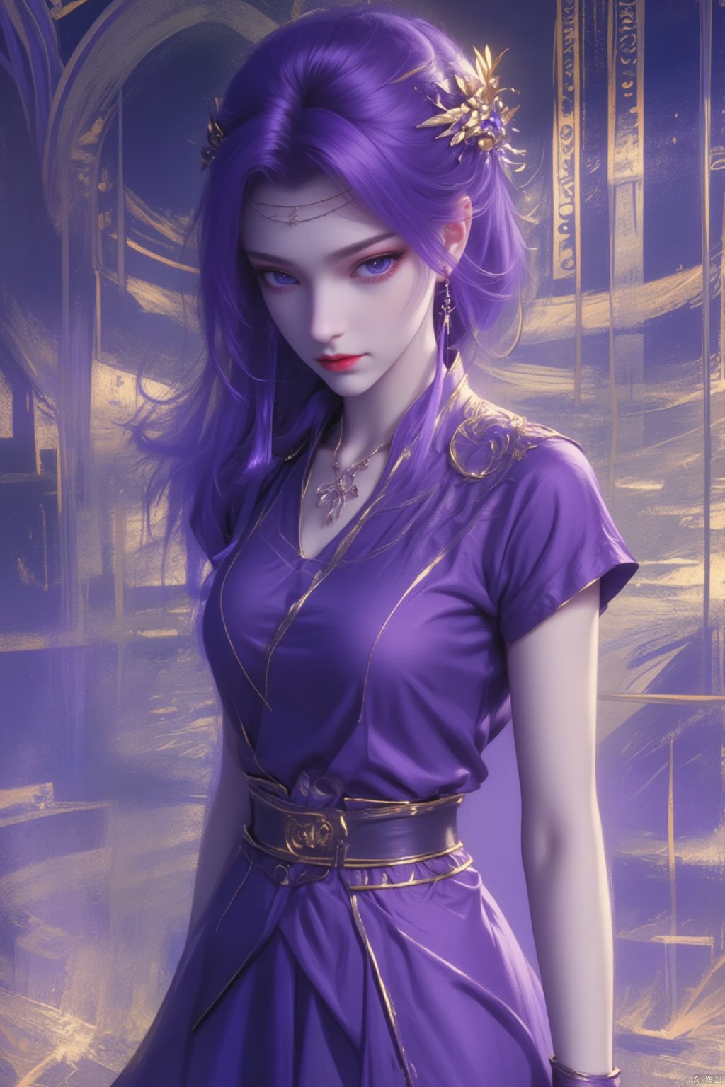  8K image.purple hair,1girl, solo, long hair, breasts, looking at viewer, skirt, shirt, hair ornament, jewelry, standing, purple hair, short sleeves, earrings, indoors, necklace, bag, bracelet, purple skirt