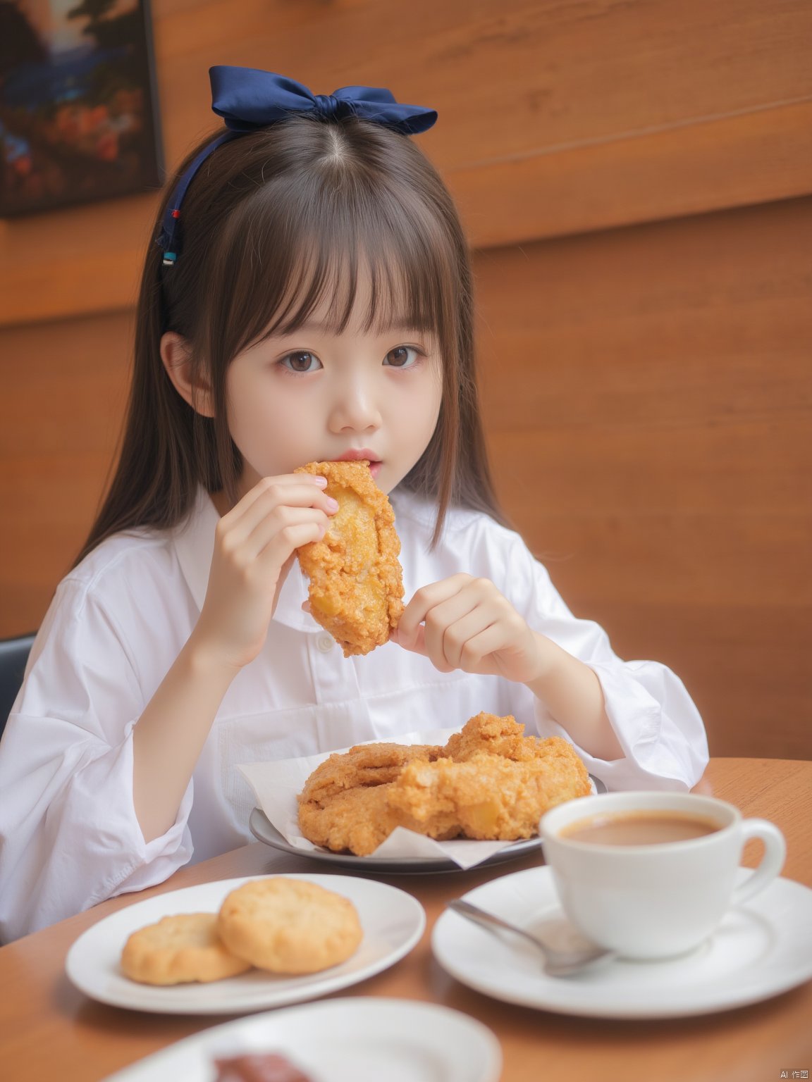 This photo shows a young girl sitting at a table in the restaurant. She is wearing a white shirt with a blue bow on her hair. The girl held a large piece of fried chicken in her hand and took a bite. There is a cup of coffee and a plate of cookies on the table in front of her. The background is a wooden wall with a painting hanging on it.