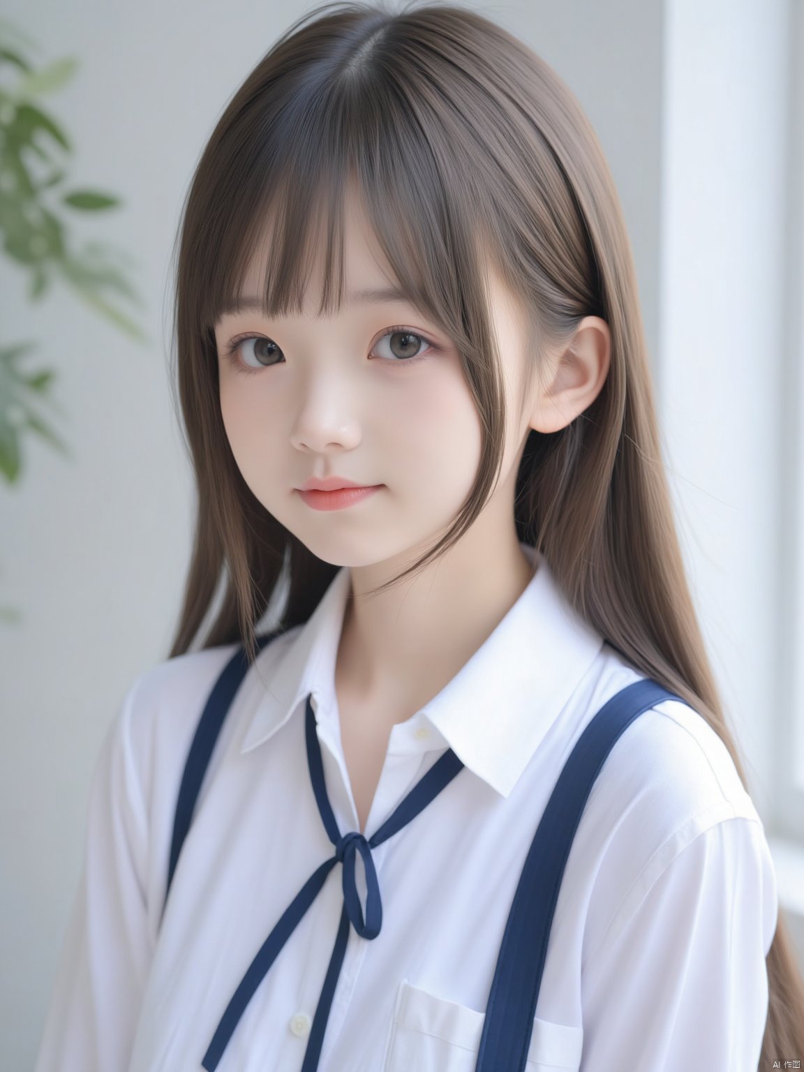 The image is a close-up portrait of a young girl with long, straight hair. She is wearing a white collared shirt with a blue tie and a blue backpack. Her hair is styled in a half-up, half-down style with bangs framing her face. She has a serious expression on her face and is looking directly at the camera. The background is blurred, but it appears to be an indoor setting with a window and a plant visible. The overall mood of the image is calm and serene.