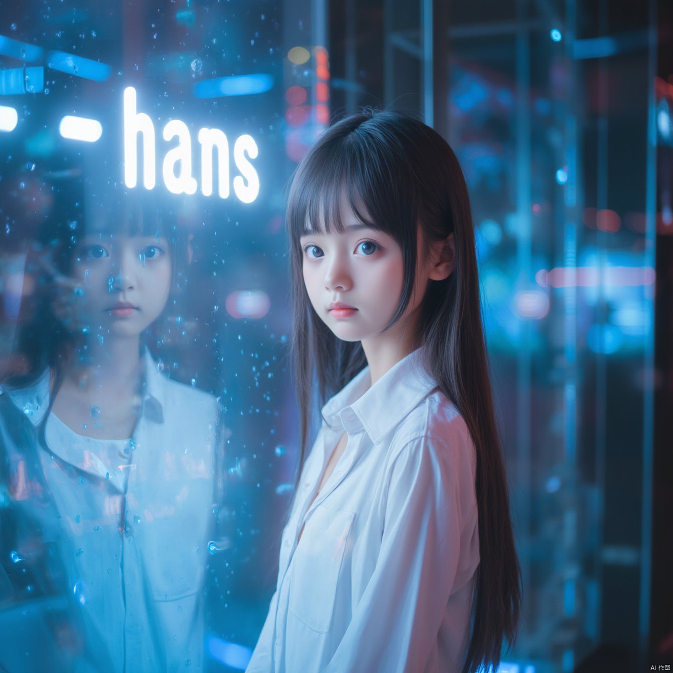 This close-up photo shows a young girl standing in front of a glass surface. She is wearing a white shirt, has long black hair, and a pair of bright, large eyes. On the glass wall above her head, there is a glowing word, 'hans.' The background is illuminated by blue and red neon lights, casting vibrant reflections and adding a dreamy, futuristic atmosphere to the scene.