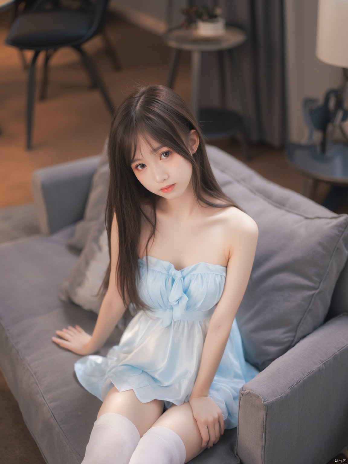 The image is a portrait of a young woman sitting on a gray couch. She is wearing a light blue mini dress with a strapless neckline and white thigh-high stockings. Her long dark hair is styled in loose waves and falls over her shoulders. She has a serious expression on her face and is looking directly at the camera. In the background, there is a black chair and a small table with a lamp on it. The overall mood of the image is sensual and intimate.