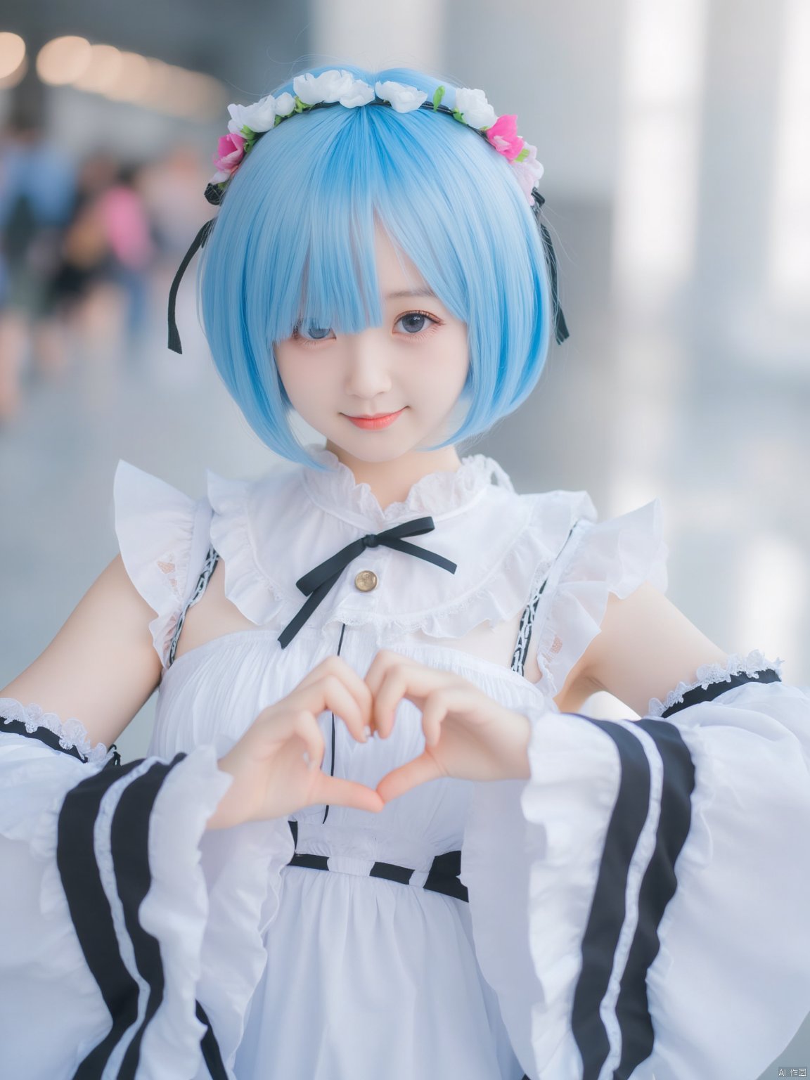 The image is a portrait of a young girl with blue hair. She is wearing a white and black dress with a black ribbon tied around her neck. The dress has a ruffled collar and sleeves. She has a small flower crown on her head with pink and white flowers. The girl is making a heart shape with her hands and is looking directly at the camera with a slight smile on her face. The background is blurred, but it appears to be an indoor space with people walking around.