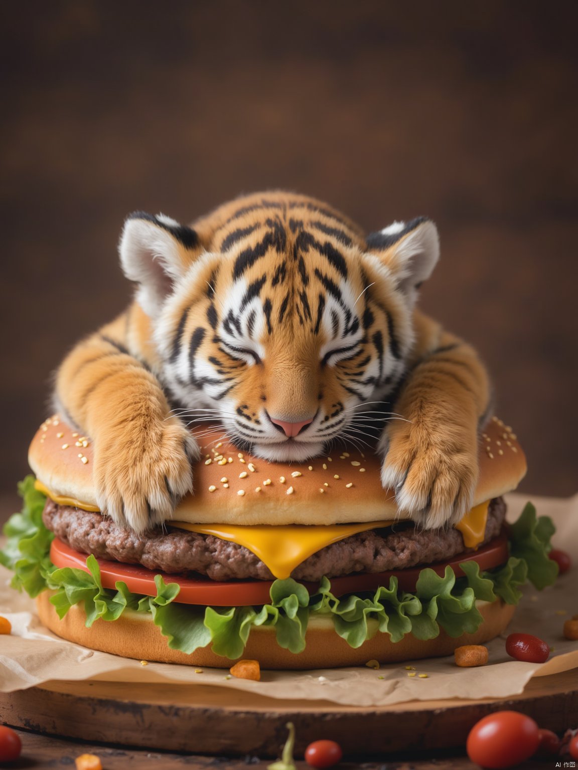 a tiger cub sleeping on a cheeseburger