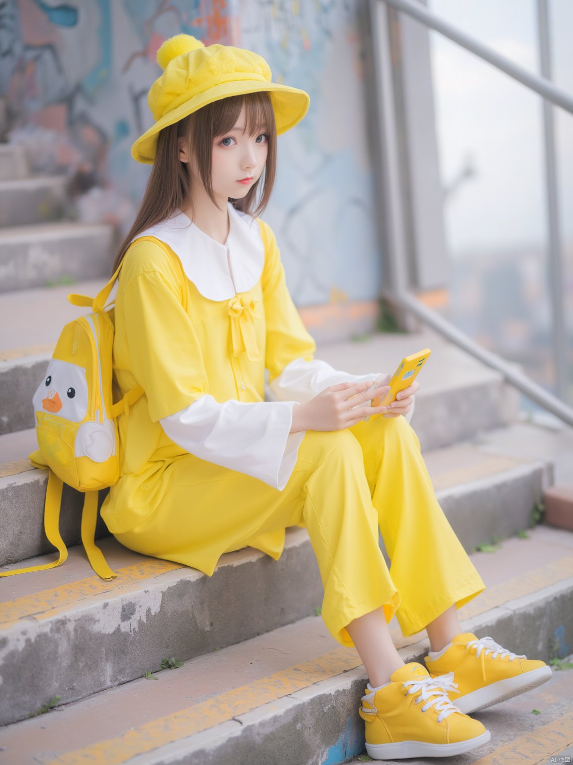 The image shows a young woman sitting on a set of stairs. She is wearing a bright yellow outfit with a matching hat and a backpack with a cartoon character on it. The outfit has a white collar and long sleeves, and the backpack has a yellow duck design on the front. The woman is holding a yellow phone in her right hand and has her left hand resting on her hip. She has long brown hair and is looking off to the side with a serious expression on her face. The background shows a graffiti-covered wall and a window with a view of a city skyline.