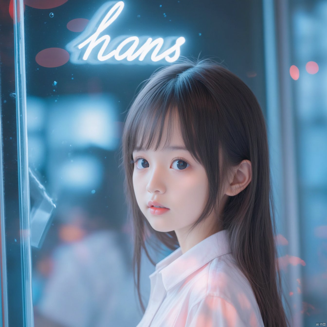 This close-up photo shows a young girl standing in front of a glass surface. She is wearing a white shirt, has long black hair, and a pair of bright, large eyes. On the glass wall above her head, there is a glowing word, 'hans.' The background is illuminated by blue and red neon lights, casting vibrant reflections and adding a dreamy, futuristic atmosphere to the scene.