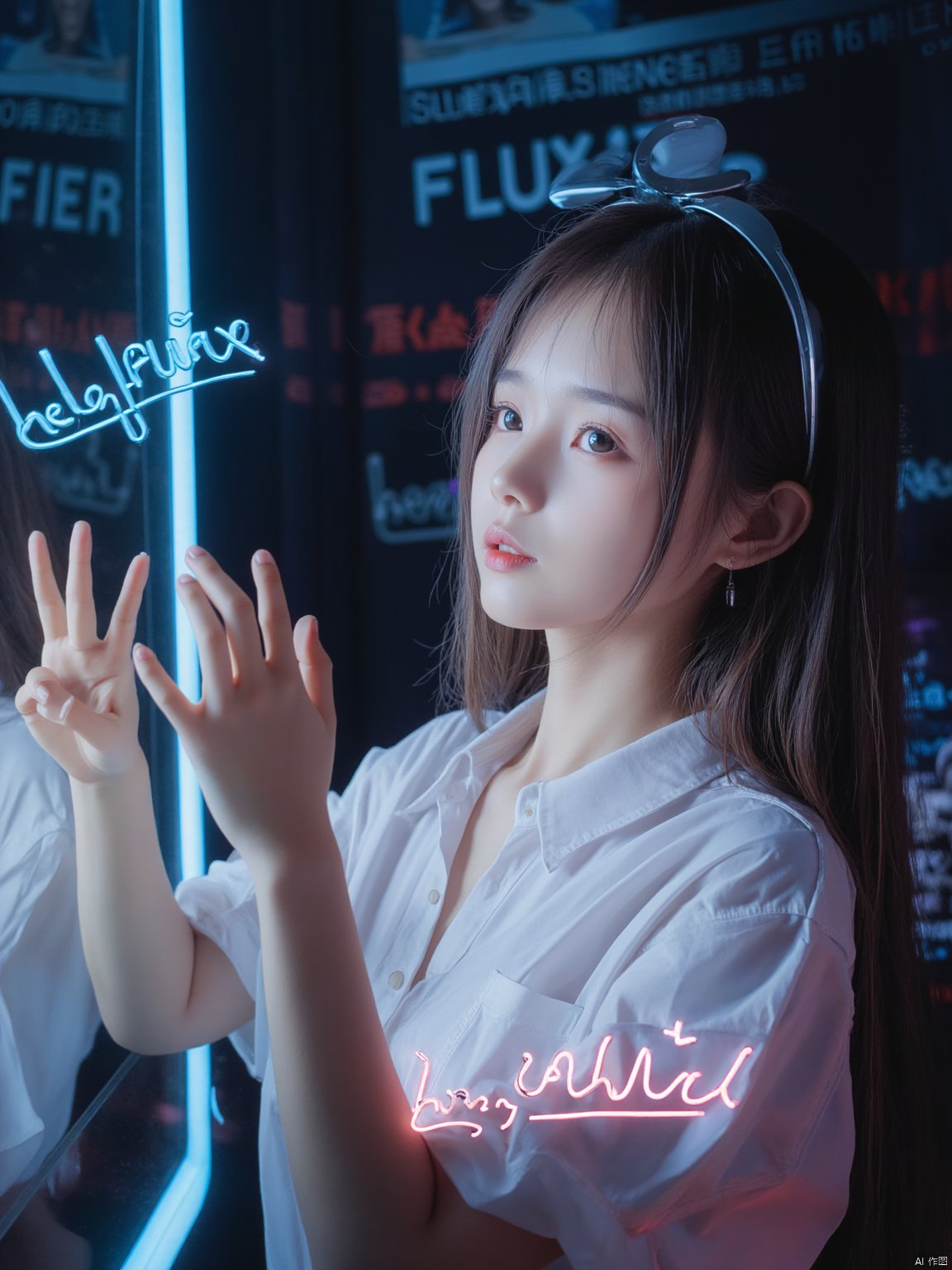 This is a modern style image of a beautiful woman touching a mirror with her hand. The image in the mirror shows a woman wearing a white shirt. Touching her finger, the text "Hello FLUX" is focused at the top of the image, and the light is focused on the person from top to bottom, creating an atmosphere in the photo. There are blue and red neon lights around the mirror