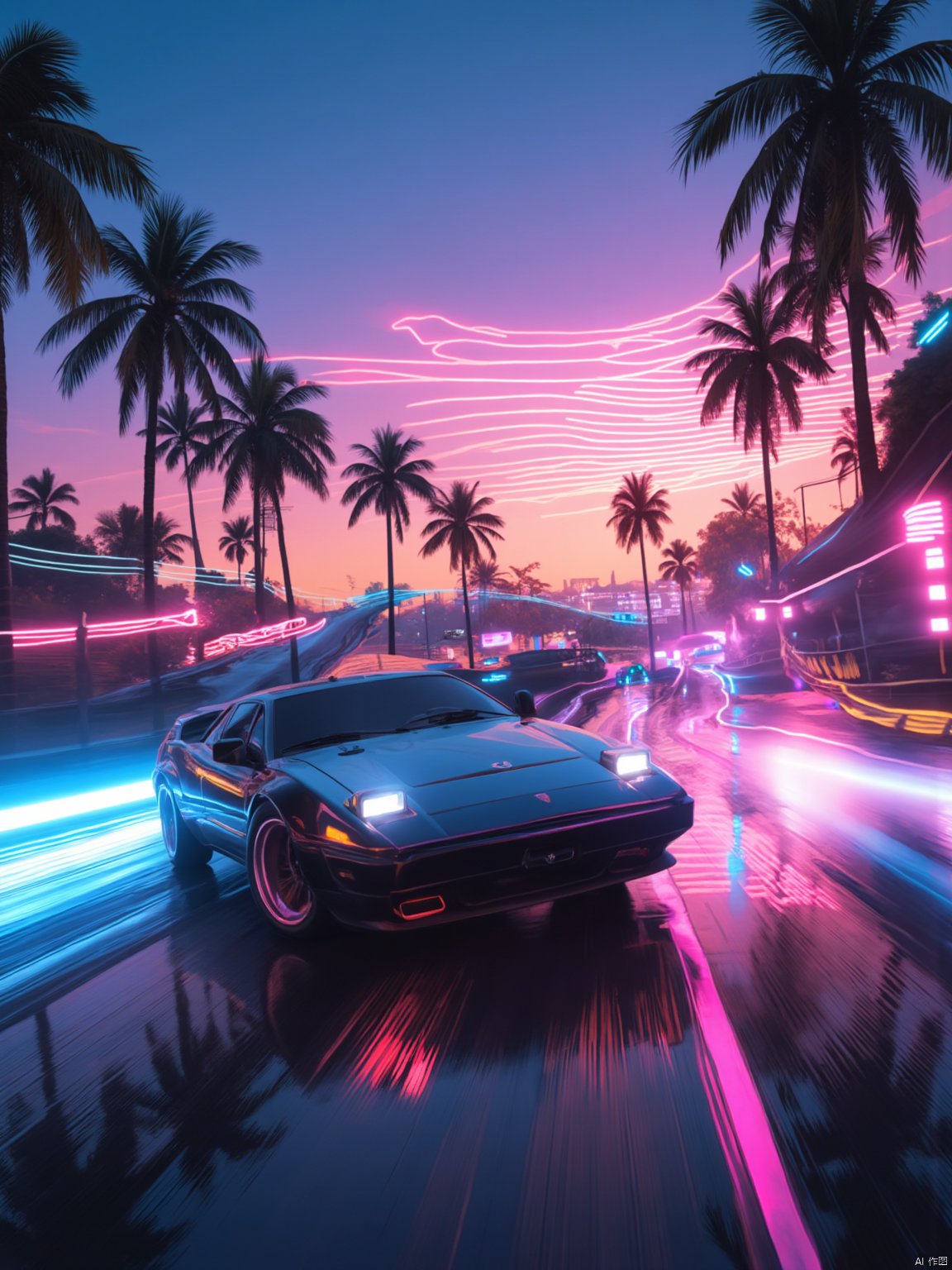 cinematic film still 80s synthwave, retro-futuristic, a classic 1980s sports car speeding around a neon-lit curve on a highway, with glowing palm trees lining the road. The scene is captured from a low-angle shot, emphasizing the sleek design and vibrant colors of the car, reflecting off the wet asphalt. The background features a neon sunset with horizontal lines, characteristic of the synthwave aesthetic, in vivid hues of pink, purple, and blue. The image is highly detailed with dramatic lighting, creating a sense of speed and motion. The artwork has a vaporwave vibe, combining retro and futuristic elements with bold, electric colors and a minimalist, sticker-like style on a white background. The atmosphere is surreal and cinematic, with sharp contrasts and intense glow effects, reminiscent of 80s digital art. This 3D render, illustration, is crafted with high resolution, capturing the essence of a synthwave cityscape in extreme detail and dynamic composition. 8k resolution with a focus on vibrant neon and striking details, evoking a nostalgic yet futuristic feel. , cyberpunk, anime, . shallow depth of field, vignette, highly detailed, high budget, bokeh, cinemascope, moody, epic, gorgeous, film grain, grainy