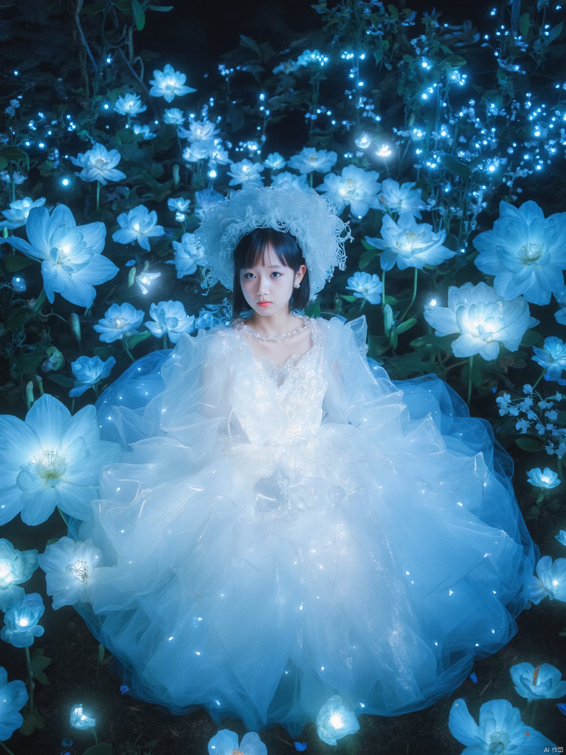 1girl,imagine Dreamlike avant-garde summer portrait by Tim Walker, k-pop girl,ethereal pale girl in frothy pastel cloud-like dress amidst supersized bioluminescent flower landscape at night, cool moonlit blue tones, otherworldly shimmer and soft glows, exquisite delicate details, whimsical fantastical high fashion fairy tale, 