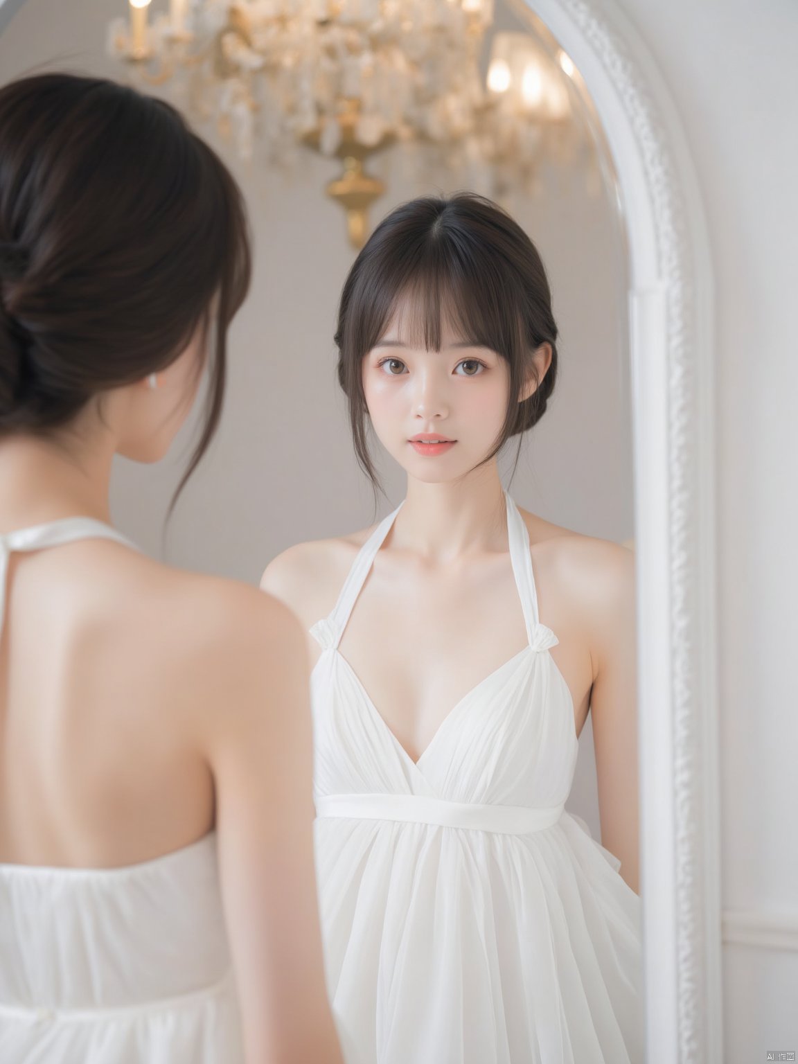 The image is a portrait of a young woman standing in front of a mirror. She is wearing a white wedding dress with a halter neckline and a deep V-neckline. The dress is made of a sheer fabric and has a flowy skirt that falls to the floor. The woman has shoulder-length dark hair styled in a bob with bangs and is looking directly at the camera with a serious expression. The background is blurred, but it appears to be a room with white walls and a chandelier hanging from the ceiling. The overall mood of the image is elegant and romantic.