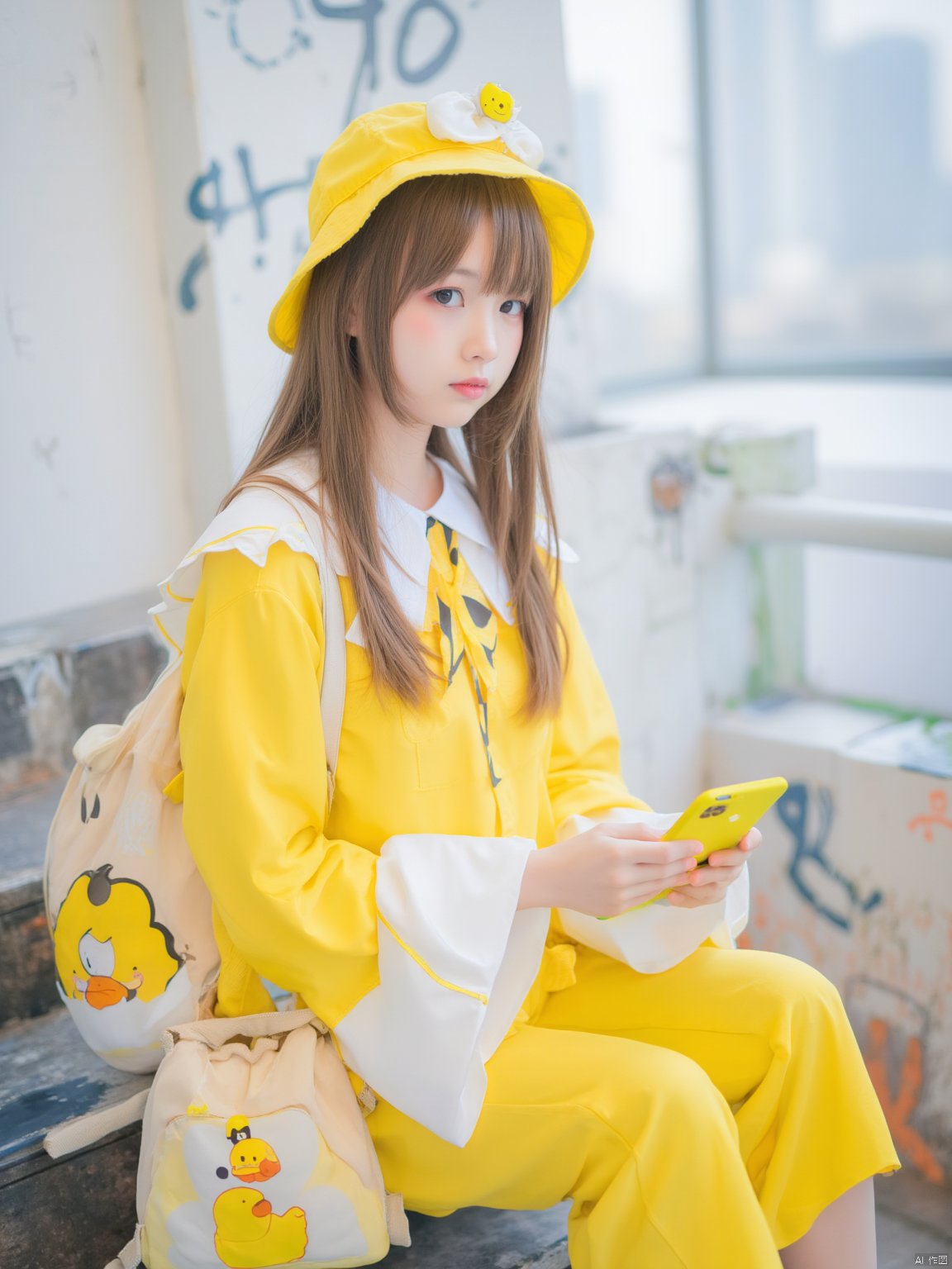 The image shows a young woman sitting on a set of stairs. She is wearing a bright yellow outfit with a matching hat and a backpack with a cartoon character on it. The outfit has a white collar and long sleeves, and the backpack has a yellow duck design on the front. The woman is holding a yellow phone in her right hand and has her left hand resting on her hip. She has long brown hair and is looking off to the side with a serious expression on her face. The background shows a graffiti-covered wall and a window with a view of a city skyline.