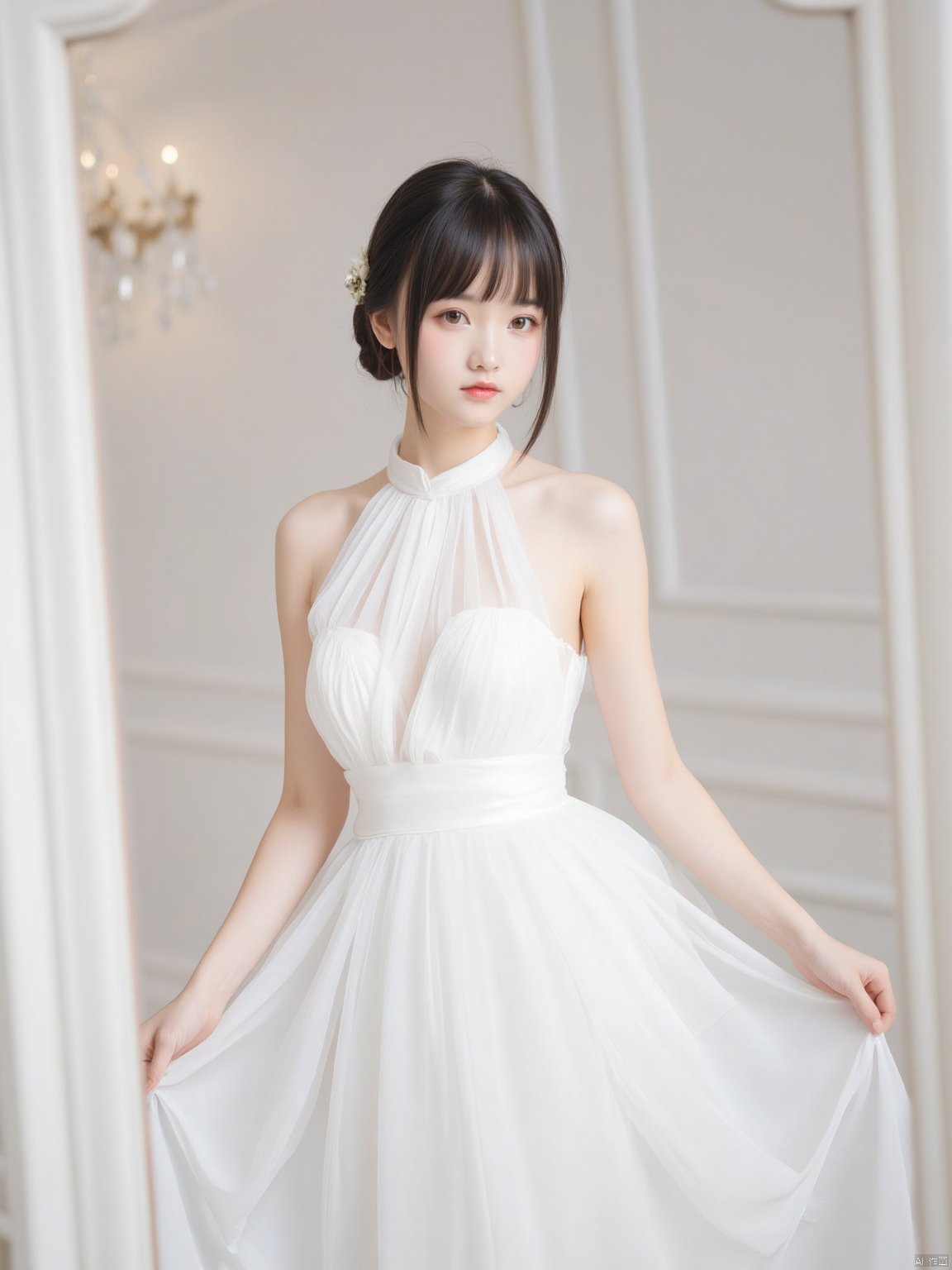 The image is a portrait of a young woman standing in front of a mirror. She is wearing a white wedding dress with a halter neckline and a deep V-neckline. The dress is made of a sheer fabric and has a flowy skirt that falls to the floor. The woman has shoulder-length dark hair styled in a bob with bangs and is looking directly at the camera with a serious expression. The background is blurred, but it appears to be a room with white walls and a chandelier hanging from the ceiling. The overall mood of the image is elegant and romantic.