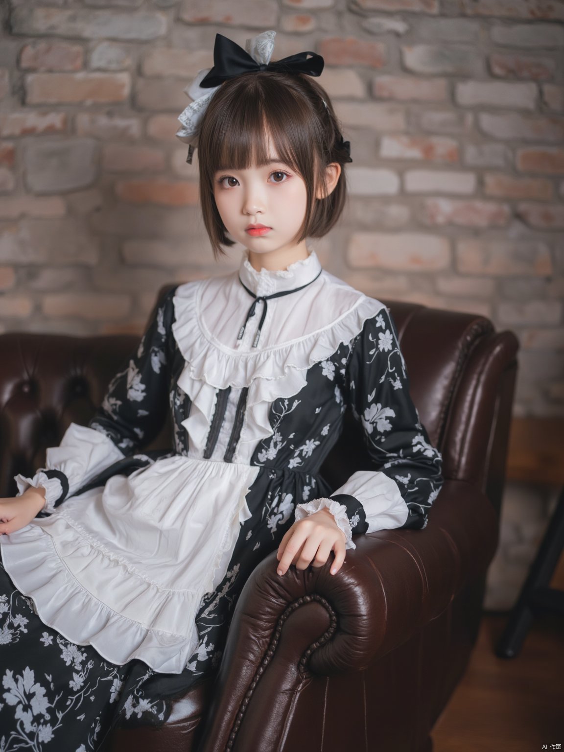 The image is a portrait of a young girl sitting on a brown leather couch. She is wearing a black and white dress with a floral pattern and a white collar. The dress has a ruffled neckline and long sleeves. The girl has shoulder-length brown hair styled in a half-up, half-down look with a black bow on her head. She has a serious expression on her face and is looking directly at the camera. The background is blurred, but it appears to be a living room with a brick wall and a wooden floor. The overall mood of the image is elegant and sophisticated.