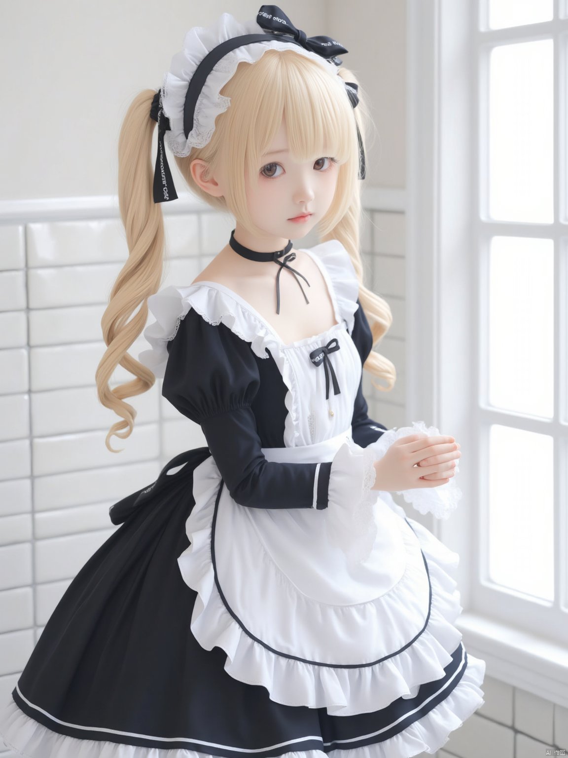 The image shows a young woman wearing a black and white maid outfit. She is standing in a kitchen with white tiles on the walls and a window on the right side. The woman has blonde hair styled in a half-up, half-down ponytail with a black bow on top. She has a black choker necklace around her neck and a white apron with ruffles on the bottom. Her hands are clasped together in front of her and she is looking directly at the camera with a serious expression. The overall style of the outfit is elegant and sophisticated.