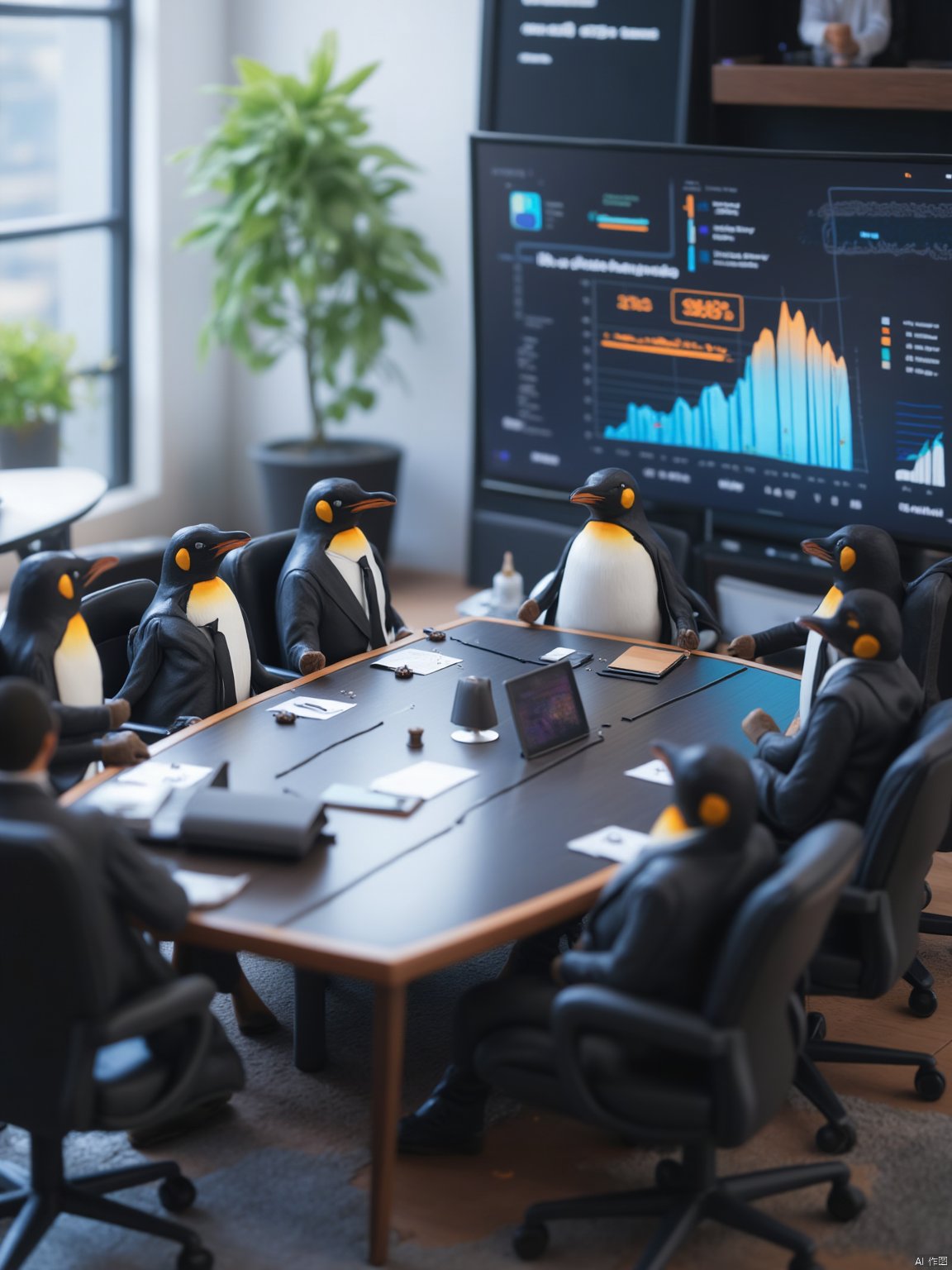 Tilt-shift photo of isometric style A serious business meeting in a high-tech conference room, but all the executives are penguins in tiny suits, one penguin at the head of the table adjusting its tie while another points at a chart with a flipper, the presentation screen showing a graph of skyrocketing fish sales, everyone around the table nodding seriously, ultra-realistic, 8k resolution, highly detailed, absurd and hilarious . vibrant, beautiful, crisp, detailed, ultra detailed, intricate . Selective focus, miniature effect, blurred background, highly detailed, vibrant, perspective control