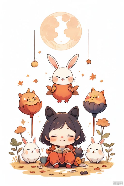 blush, smile, simple background, white background, bow, closed eyes, food, no humans, animal, moon, full moon, rabbit, animal focus, food focus,coki_Mid_autumn_Festival