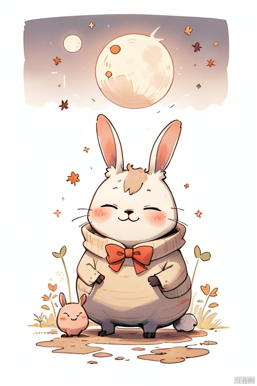 blush, smile, simple background, white background, bow, closed eyes, food, no humans, animal, moon, full moon, rabbit, animal focus, food focus,coki_Mid_autumn_Festival