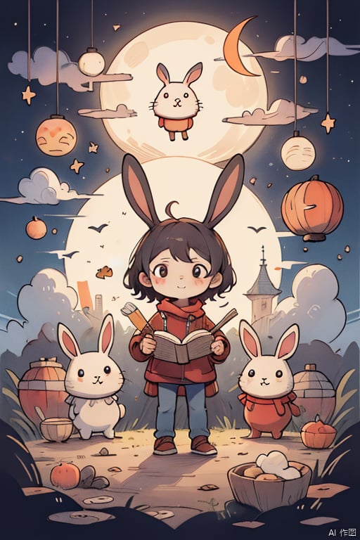 coki_Mid_autumn_Festival,Rabbit, mooncake, full moon