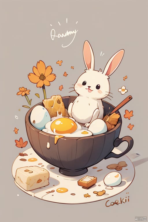 simple background, flower, food, artist name, signature, no humans, animal, rabbit, egg, food focus, egg \(food\), fried egg, honey, butter,coki_Mid_autumn_Festival