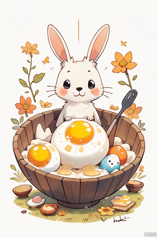 simple background, flower, food, artist name, signature, no humans, animal, rabbit, egg, food focus, egg \(food\), fried egg, honey, butter,coki_Mid_autumn_Festival