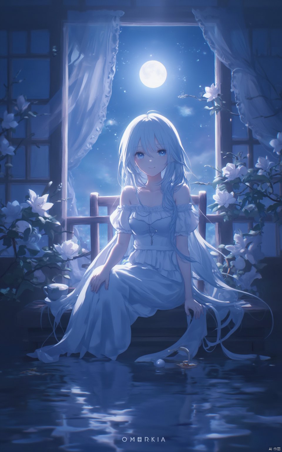  (limited palette:0.5), 1girl,solo,upper body, long hair,white hair,hair between eyes,blue eyes,medium breasts, sitting,looking at viewer, window,curtains,river,plant,magnolia,teacup,chair,east asian architecture, night,full moon,close-up,light smile, masterpiece,bestquality,onnk,