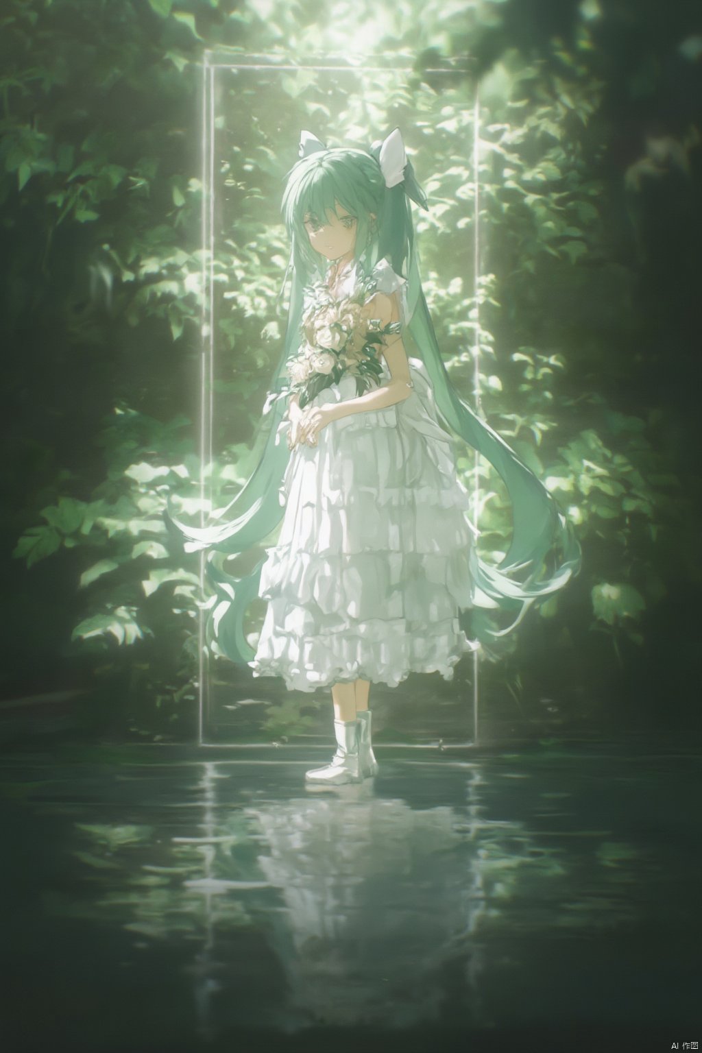 The image is a digital illustration of a young girl standing in a garden. She is wearing a white dress with a ruffled skirt and white boots. She has long green hair that is flowing in the wind. The girl is holding a bouquet of flowers in her hands and is standing in front of a large mirror with a reflection of the girl in the mirror. The background is filled with greenery and trees, creating a peaceful and serene atmosphere. The overall mood of the image is dreamy and whimsical.