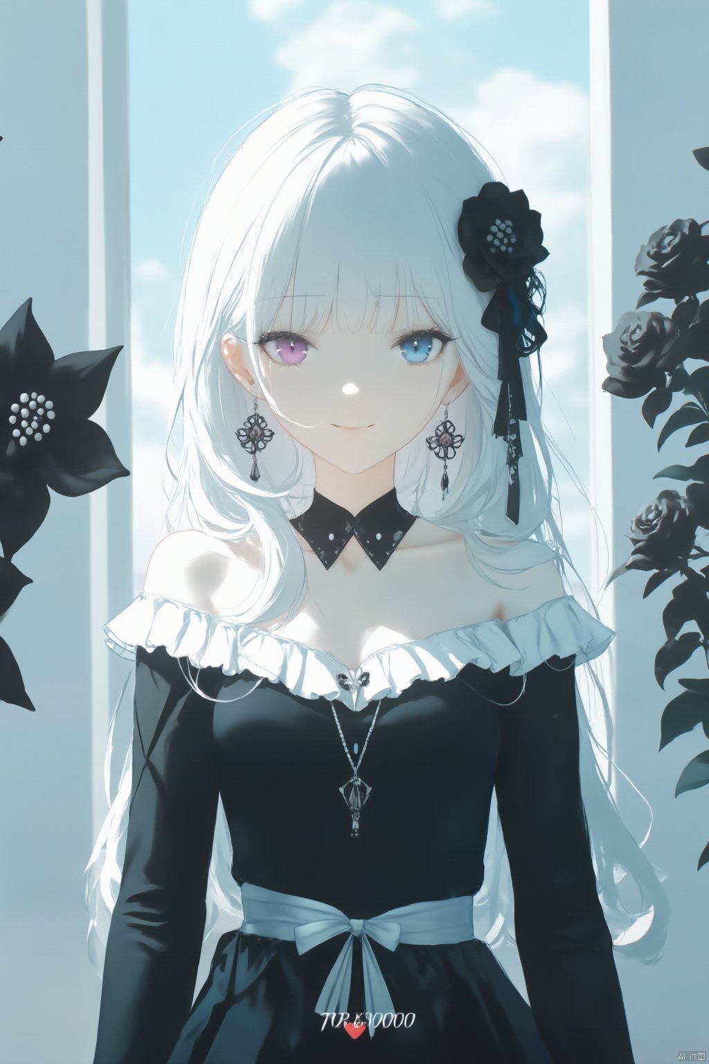 The image is a digital illustration of a young girl with long white hair and blue eyes. She is standing in front of a window with black flowers on either side. The girl is wearing a black and white dress with a high neckline and long sleeves. She has two large black flowers in her hair, one on each side of her head and the other on her shoulder. Her hair is styled in loose waves and she is wearing pink lipstick. The background is a light blue color with a few white clouds. The overall mood of the image is elegant and romantic.